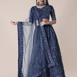 Warthy Ent Blue & Silver-Toned Embroidered Thread Work Semi-Stitched Lehenga & Unstitched Blouse With-image-86