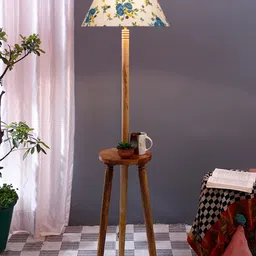 Devansh White & Brown Floral Printed Cotton Conical Shade Wooden Floor Lamp-24