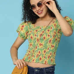 V-Mart Floral Printed Puff Sleeve Smocking Cotton Crop Top-image-73