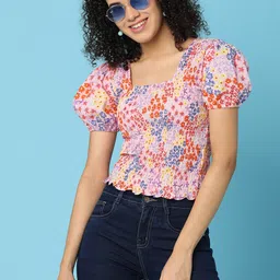 V-Mart Floral Printed Puff Sleeve Smocking Cotton Top-image-21