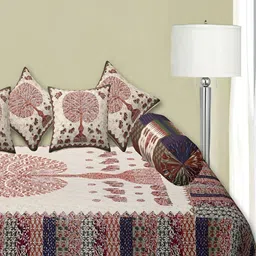 Trance Home Linen Set Of 8 Brown & Blue Jaipuri Printed 108 TC DiwanSet-86