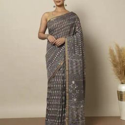 indie picks Handblock Bagru Dabu Print Saree with Zari Border image 2