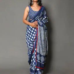 indie picks Geometric Print Saree with Contrast Border image 3