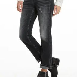 Washed Mid-Rise Jeans with Distress-image-8