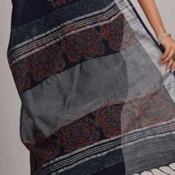 indie picks Handblock Bagru Print Linen Saree With Attached Blouse Piece image 4