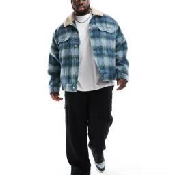 asos design Checked Oversized Wool Look Trucker Jacket with Borg Collar image 4