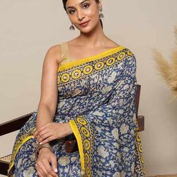 indie picks Handblock Bagru Print Traditional Chanderi Saree image 5