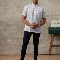 ramraj cotton Men Regular Fit Geometric print Short Kurta with Mandarin Collar image 5