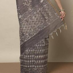indie picks Handblock Bagru Dabu Print Saree with Zari Border image 5