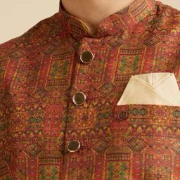 manyavar Men Printed Regular Fit Nehru Jacket with Pocket Square & Brooch image 5