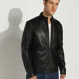 Men Regular Fit Zip-Front Leather Biker Jacket-picture-9