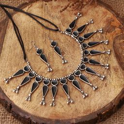 VENI Silver-Plated Oxidised Choker Necklace & Earrings Set-image-46