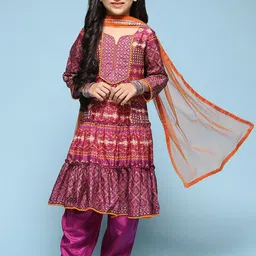 Biba Girls Ethnic Motifs Printed Sequinned Tiered Kurta With Salwar & Dupatta-image-66