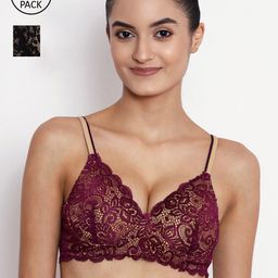 ABELINO Pack Of 2 Black & Purple Floral Push-Up Bra Heavily Padded-28