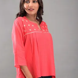 SHOOLIN Floral Embroidered Notched Neck A-Line Top-image-56