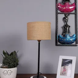 Devansh Beige & Black Textured Wooden Table Lamp With Jute Shade-4