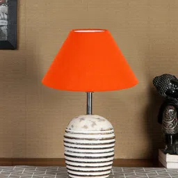Devansh Orange-Coloured & Brown Textured Wooden Table Lamp With Cotton Shade-14