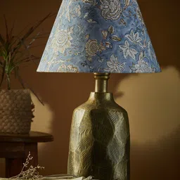 Fabindia Gold-Toned & Blue Printed Frustum Aluminium Table Lamp-11