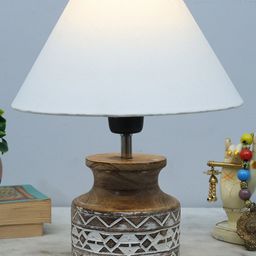 Homesake White & Beige Fabric Shade With Pot Shaped Wooden Base Table Lamp-48
