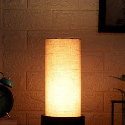 Devansh Grey & Brown Solid Wood Cylinder Table lamp Cotton Shade-14