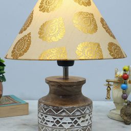 Homesake Gold-Toned & Brown Leaf Printed Fabric Shade With Textured Wooden Base Table Lamp-54