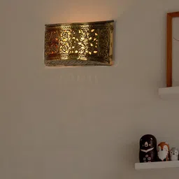 Fos Lighting Gold-Toned Textured Hand Carved Rectangular Wall Lamp-8