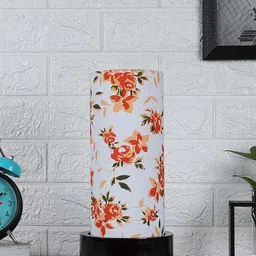Devansh White & Orange Printed Cylindrical Bedside Standard Table Lamp with Shade-10