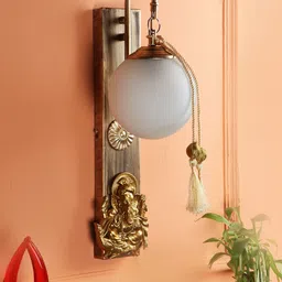 MFD HOME FURNISHING Gold-Tone Doom Glass Ganesh ji Wall Lamp-image-2