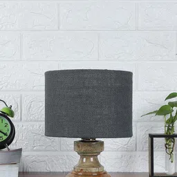 Devansh Grey Wood Table Lamp With Cylindrical Cotton Shade-31