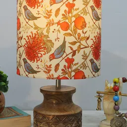 Homesake Orange-Coloured & Brown Printed Fabric Shade With Wooden Base Table Lamp-42
