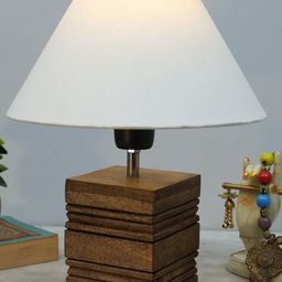 Homesake White & Beige Fabric Shade Textured Modern Wooden Base Table Lamp-47