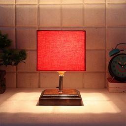 Devansh Brown & Red Wooden Table Lamp with Cotton Square Shade-24