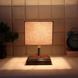 Devansh Grey & Brown Wooden Table Lamp with Cotton Square Shade-12