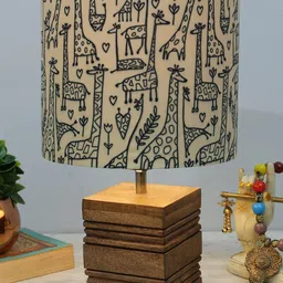 Homesake Cream-Colored & Black Printed Fabric Shade Textured Wooden Base Table Lamp-48