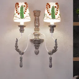 Fos Lighting Grey & White Parisian 2 Light Wooden Wall Sconce with Embroidered Shades-7