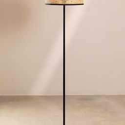 akway Black & Beige Textured Cane Webbing Wooden Cylindrical Floor Lamp-picture-15