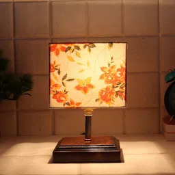 Devansh White & Orange Floral Printed Wooden Table Lamp with Cotton Square Shade-40