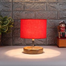 Devansh Red & Beige Wooden Table Lamp with Cotton Shade-35