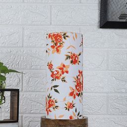 Devansh White & Orange Printed Wood Cylinder Table lamp Cotton Shade-26