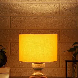 Devansh Yellow Wood Table Lamp With Cylindrical Cotton Shade-17