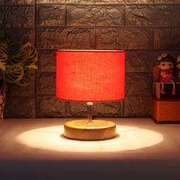 Devansh Orange & Beige Wooden Table Lamp with Cotton Shade-5
