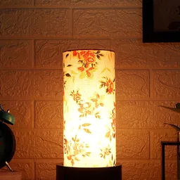 Devansh White & Orange Printed Cylindrical Bedside Standard Table Lamp with Shade image 4