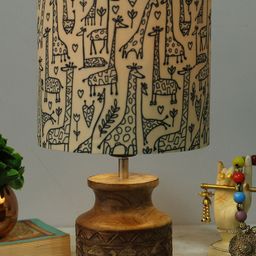 Homesake Yellow & Brown Printed Fabric Shade With Wooden Base Table Lamp image 2