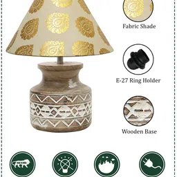 Homesake Gold-Toned & Brown Leaf Printed Fabric Shade With Textured Wooden Base Table Lamp image 3