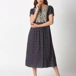 Printed A-line Dress with Tie-Up Neck-image-98