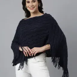 Women Chevron-Patterned Poncho with Frayed Hem-picture-1