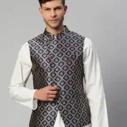 Men Floral Pattern Nehru Jacket with Welt Pockets-34