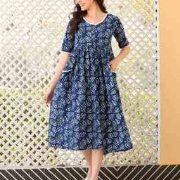 Women Leaf Print A-Line Dress with Insert Pockets-picture-3
