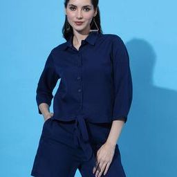 Women Spread Collar Shirt & Shorts Co-Ord Set-image-33