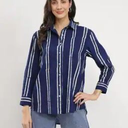 Women Cotton Dabu Striped Shirt-image-3